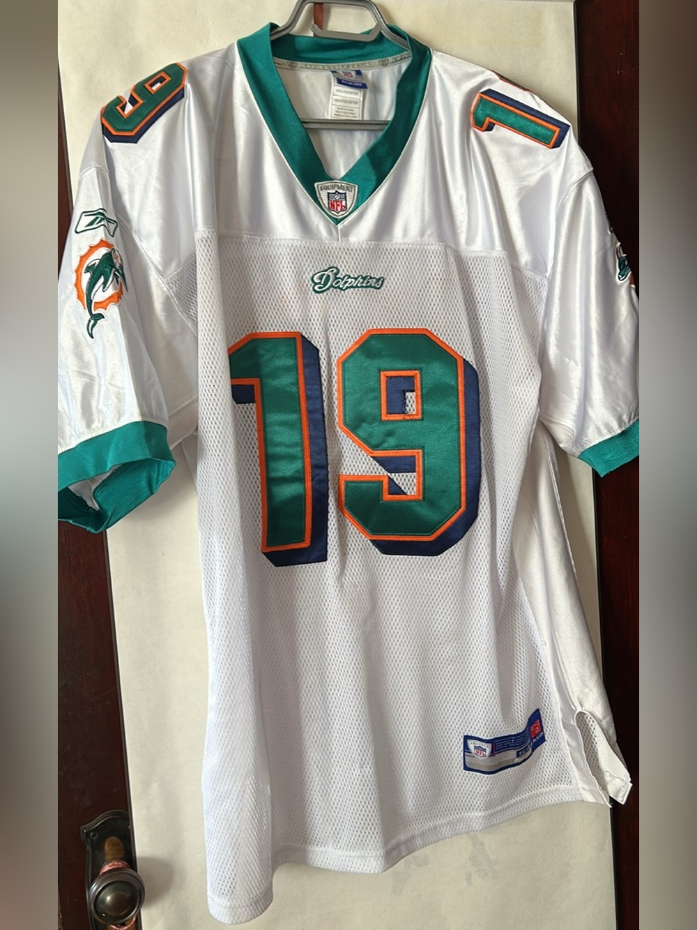 Reebok White Miami Dolphins #19 Jersey, GINN, Sz 54